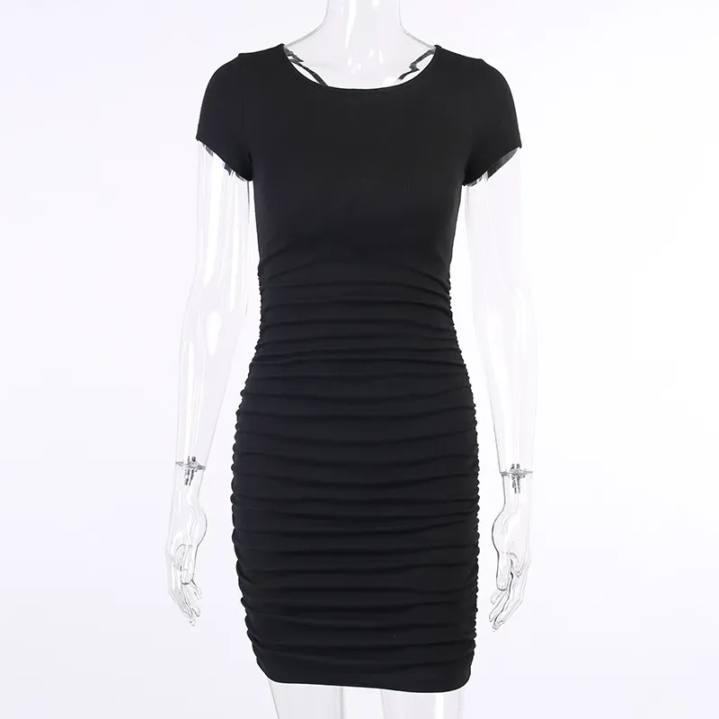 Kvinnors Ruched Cross Bandage Ribbed Dress Sexig Hollow Out O Neck Kortärmad Bodycon Dresses Party Club Y2K Black Mini Wrap 210517