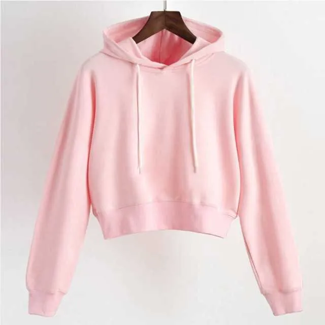 Kvinnor Plain Hoodies Crop Top Solid Färg Långärmad Dam Hooded Pullover Sommar Höst Mode Tjej Sweatshirts Kläder 210805