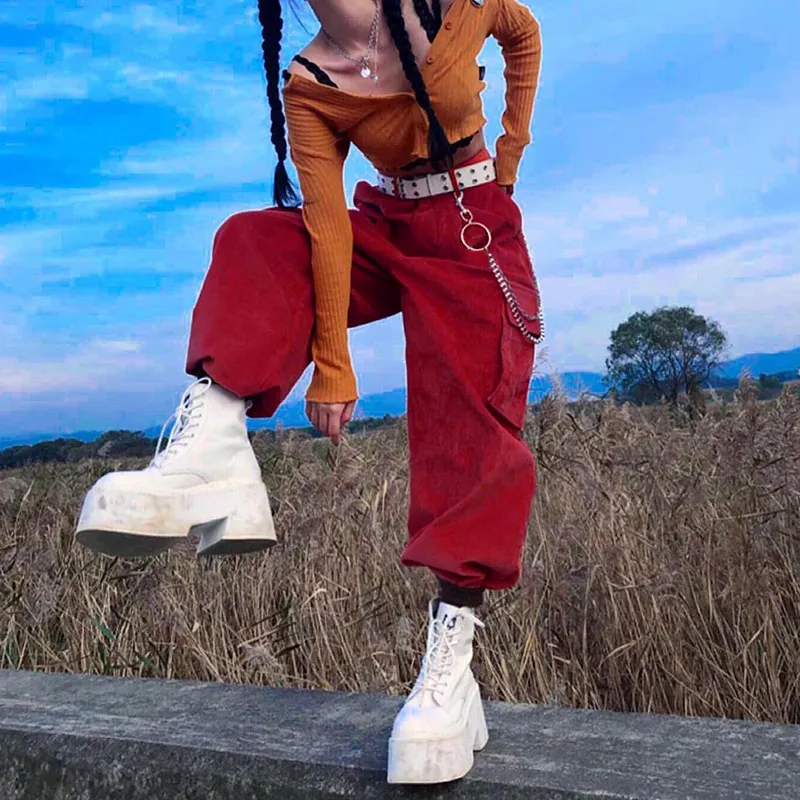 Hip Hop Streetwear Cargo Pants Donna Casual Tasche Pantaloni Catena Pantaloni di velluto a coste Pantaloni a vita alta Pantaloni larghi larghi 210419