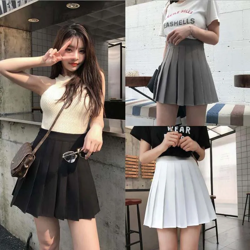 Летняя корейская юбка плиссированная школьная юбка Шорты высокая талия сексуальная мини -японская юбка Черная белая плюс 210331
