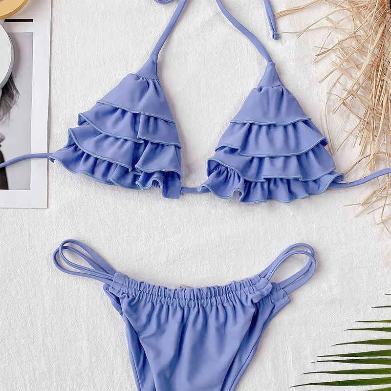 MYTENG Sexy Mini Perizoma Bikini Set Blu Volant Costume Da Bagno Beachwear Backless Fasciatura Costumi Da Bagno Donna Biquini String Costume Da Bagno 210522