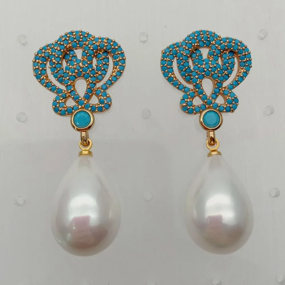 YYGEM Teardrop White Sea Shell Pearl Gold Plaqué Turquoise Blue Cz Drop Stud Boucles d'oreilles