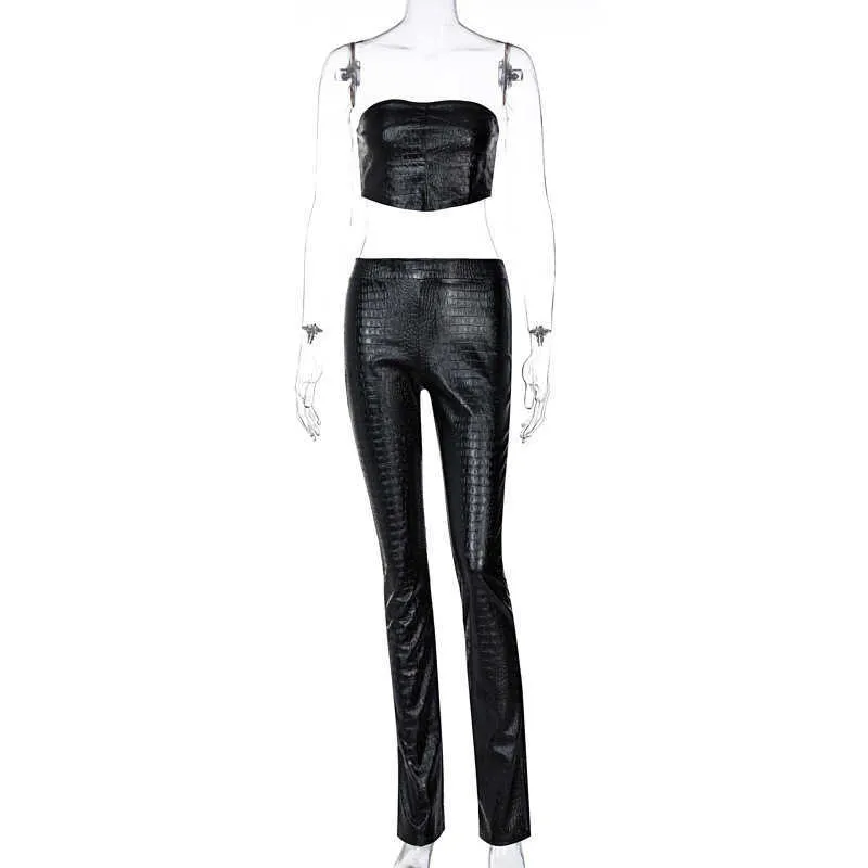 Colysmo Leather Pant Suits Black Strapless Backless Sexy Crop Top Slim Fit Split Pants Set Women Party Matching Sets 210527