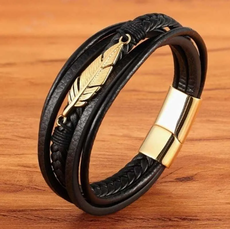 Classic Alloy Feather Magnetic Clasp Armband Boys Multilayer Läderarmband Mode Utsökt Smycken Gåva Q0719