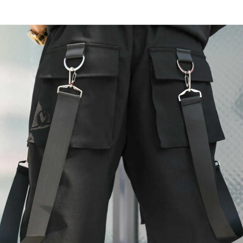 Prowow Summer Style Hip Hop Men's Pants Black Ribbons Streetwear Pockets Shorts Knee Length Sweat Fashion 210716