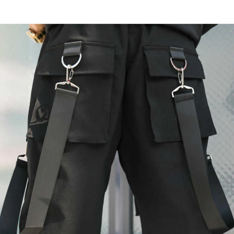 Prowow été Style Hip Hop pantalons pour hommes rubans noirs Streetwear poches Shorts longueur au genou sueur mode 210716