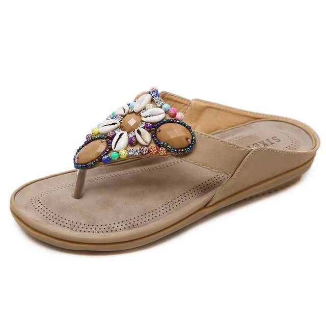 Sandália plana de verão artesanal retro boémia flip-flops mulheres chinelos sapatos de praia com seashells tamanho grande 42 sandalias de mujer y0721