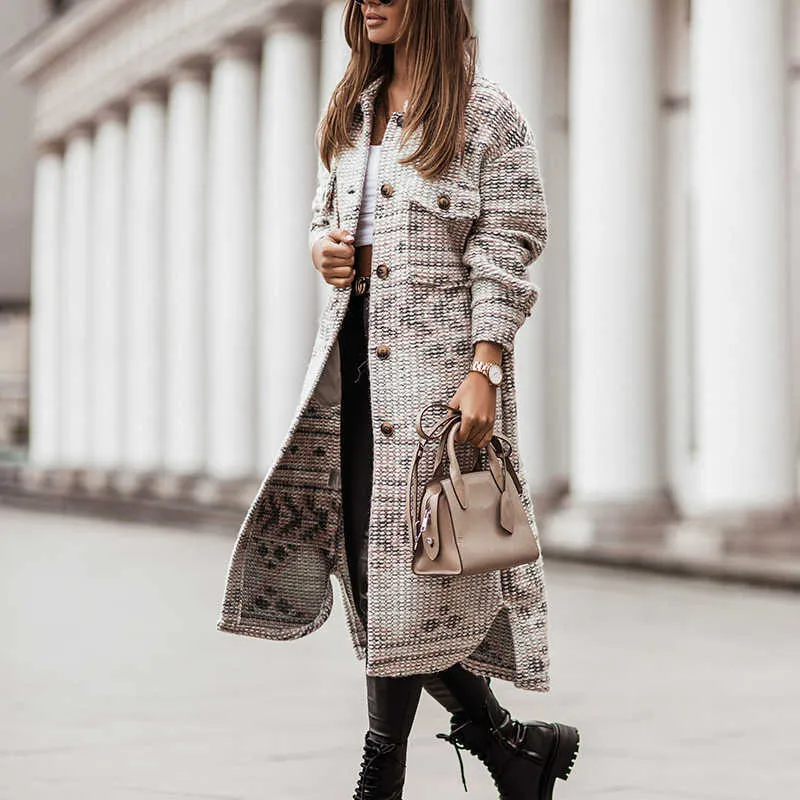 Femmes mode col rabattu imprimé laine Long manteau Vintage motif manches lâche chaud pardessus dame Outweats 211019