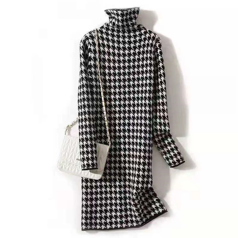 Houndstooth Turtleneck Women Long Knit Straight Sweater Autumn Winter Thick Warm Midi Dresses Plaid Knit Dresses Long Jumpers Y1006