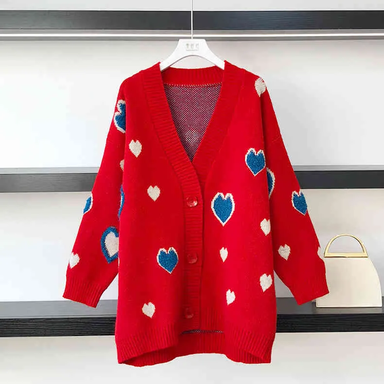 H.SA Kvinnor Vår Stickad tröja och Sweet Heart Knitwear Oversized Cute Knit Jacket Loose Cardigans Coat 210417