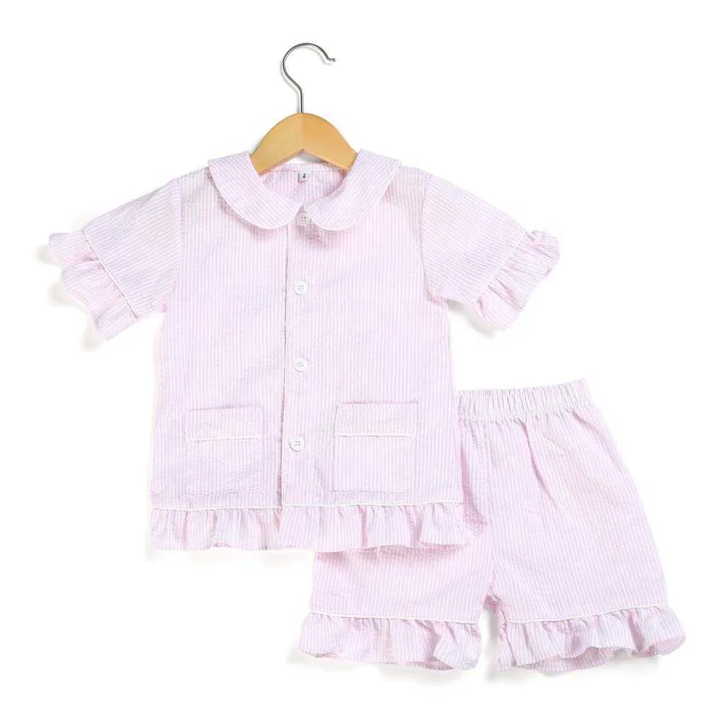 Pyjamas d'été en seersucker à rayures en coton ensembles de vêtements de nuit à la maison pour enfants de 12 à 12 ans boutonnés 210908