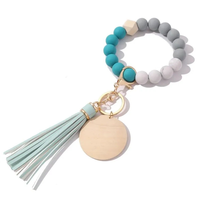 Chaveiros Mulheres Chaveiros Madeira Disco Em Branco Pulseira Chaveiro Titular Silicone Bead Tassel Pulseira Bangle Keychain206Q