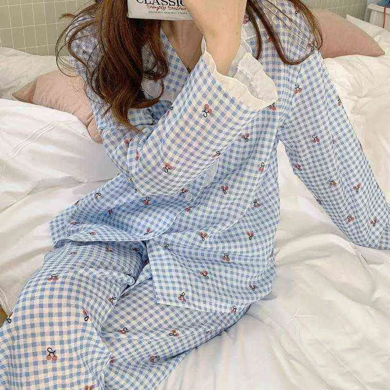 Qweek Plaid Pyjamas Kvinnor Kawaii Cherry Print Sleepwear Lace Pijama Kvinna Ställ Koreansk Loggawear Långärmad Höst Pajamas Suit 211112