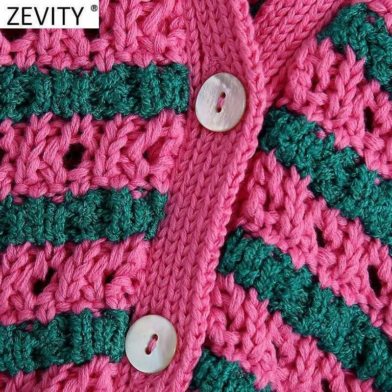 Zevity Women Fashion V Neck Color Matching Striped Print Hollow Out Crochet Knitted Sweater Female Chic Cardigans Tops SW801 211011