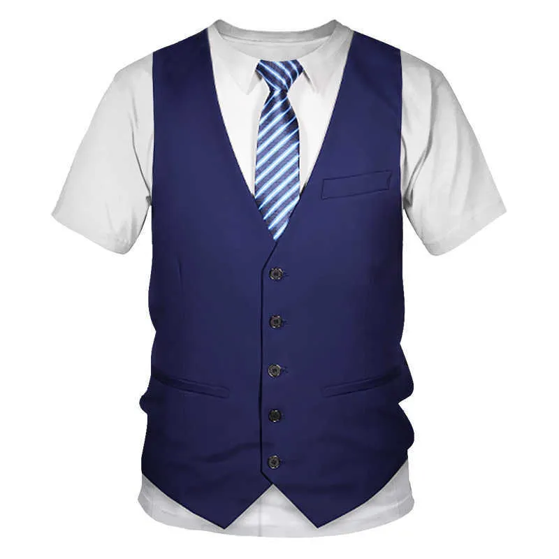 2021 여름 반팔 Streetwear 가짜 정장 조끼 3D T 셔츠 패션 재미 있은 가짜 슈트 턱시도 나비 넥타이 3D 인쇄 된 남자 티셔츠 x0621