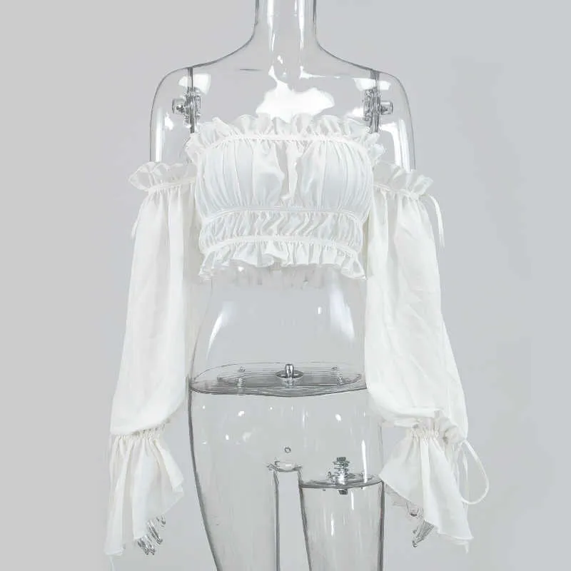 Colysmo White Ruched Blusas Women甘いショルダーフリルバタフライスリーブビンテージトップスセクシーサマーシフォンクロップトップ210527