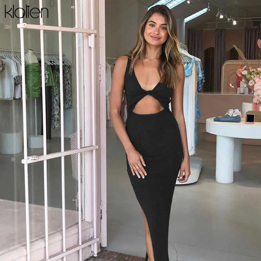 KLALIEN spring summer sexy backless fashion simple black rib knitting maxi dress office lady streetwear casual women's clothes 210721