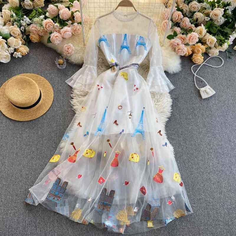 Singreiny Wysokiej Jakości Mesh Haft Sukienka Kobiety Koreański Mody Design Dresses Dresses Wiosna Chic Streetwear Długa Dress 210419