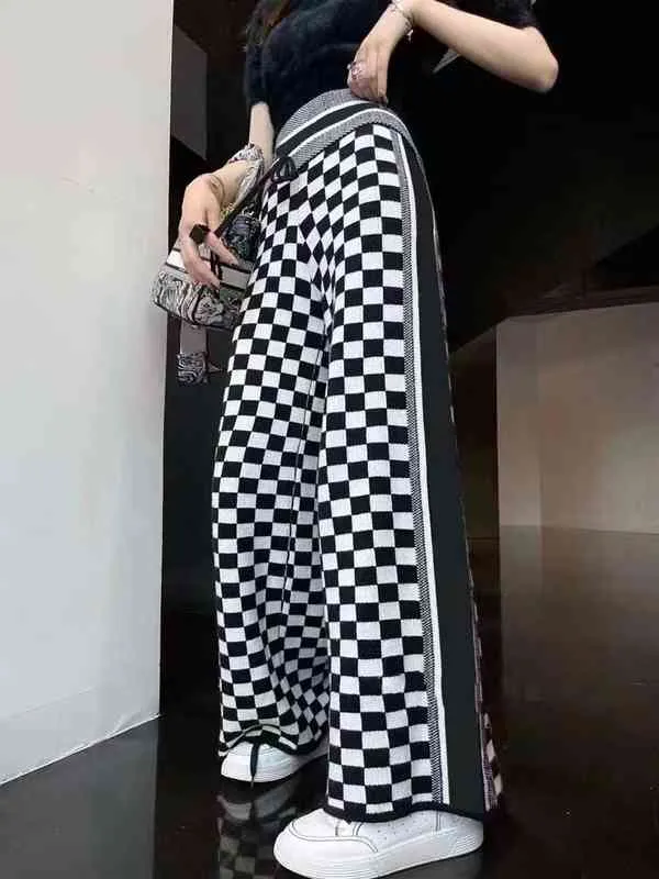 Wide Leg Knitted Casual Pants Streetwear Joggers Oversize Jacquard Lettering Checkered Swallow Gird High Waist New Sweatpants Baggy