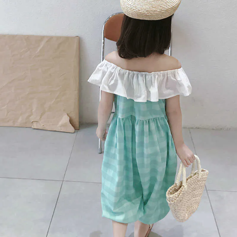Girls' Jumpsuit Elastic Doll Collar Plaid One-Shoulder Sleeveless Trousers Fresh Summer Children'S Wear Clothing 210625