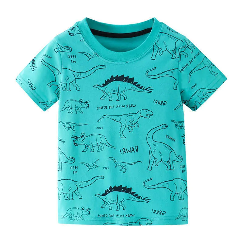 夏の子供のためのジャンプメートル恐竜Tシャツ綿の服の動物ティー子供男の子の服かわいいトップス210529