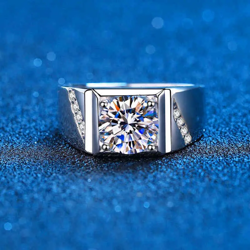 Vera moissanite da uomo con 2 diamanti brillanti rotondi, anello di fidanzamento, in argento sterling, con fedi nuziali, scatola inclusa
