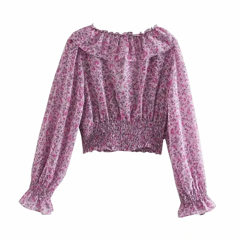 Blusa Mulheres Floral Impresso Filled Colheita Top Long Slow Sleeve V-Neck Ruffle Elastic Hem Vintage Laddies 210519