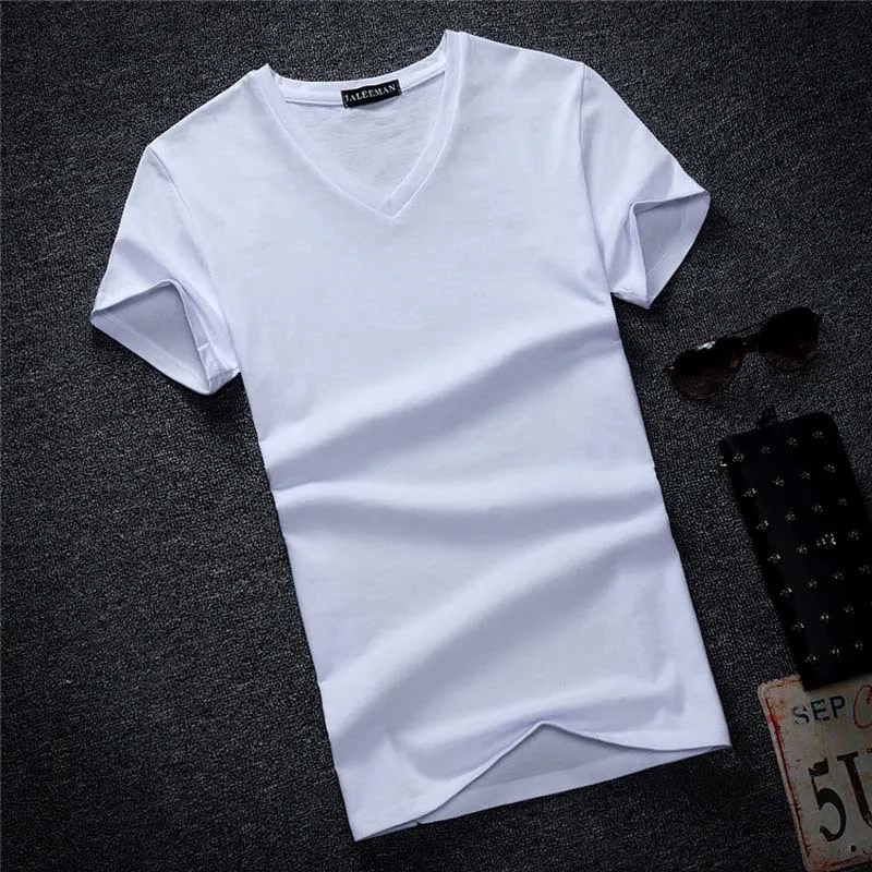 / mycket högkvalitativa mode T-shirts v nacke kortärmad T Shirt Solid Casual Män Bomull Tops Tee Sommar Kläder Y0322