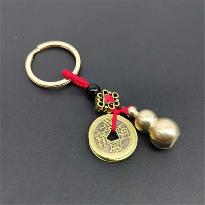 Portachiavi cinese Feng Shui con monete d'oro antiche, buona fortuna, portachiavi con zucca G1019