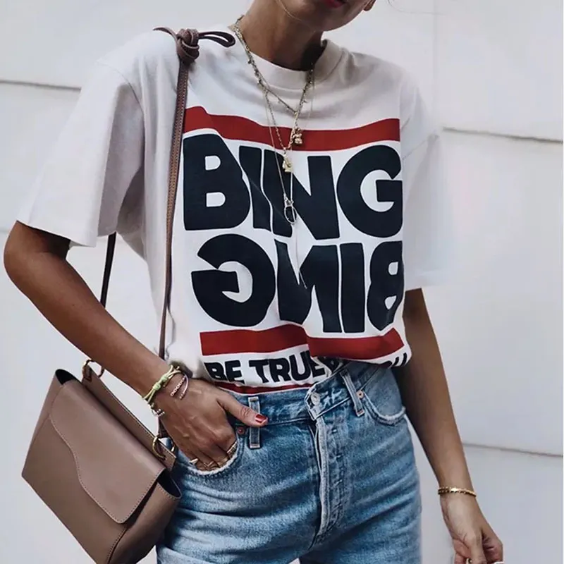 Women White Tee Boho Letter Print Aesthetic Be True Be You Summer Fashion Casual Vintage Cotton Short Sleeve Streetwear Tops Y2K 210518