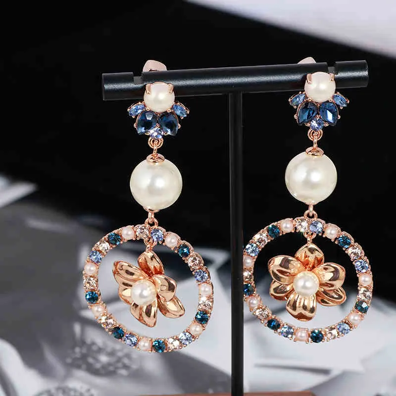 Cubic Zircon and Pearl Drop for Women Luxury Colorful Blue Crystal Elements Gold Color Pendant Statement Earrings Brand