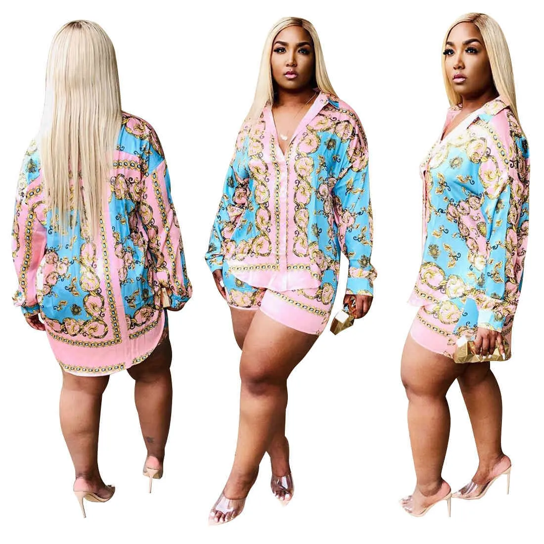 2020 Women Sets Summer Africa Print Tracksuits Shirts+Shorts Suit Two Piece Set Night Club Party Sexy Street Outfits GL129 X0428