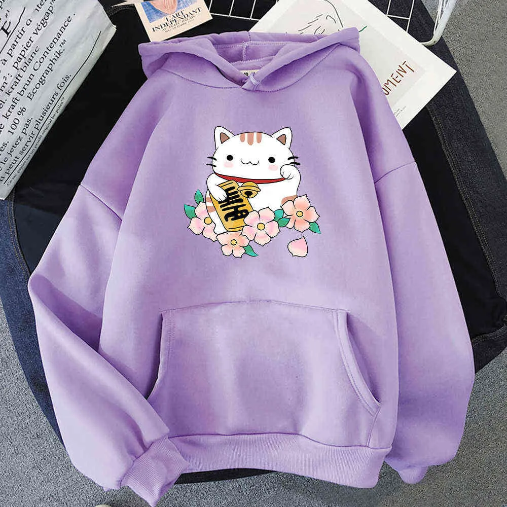 Anime Hoodies Fortune Cat Printing Sweatshirt Women Streetwear Graphic Aesthetic Kawaii Clothes Oversized Cartoon Pullovers Tops Y0820