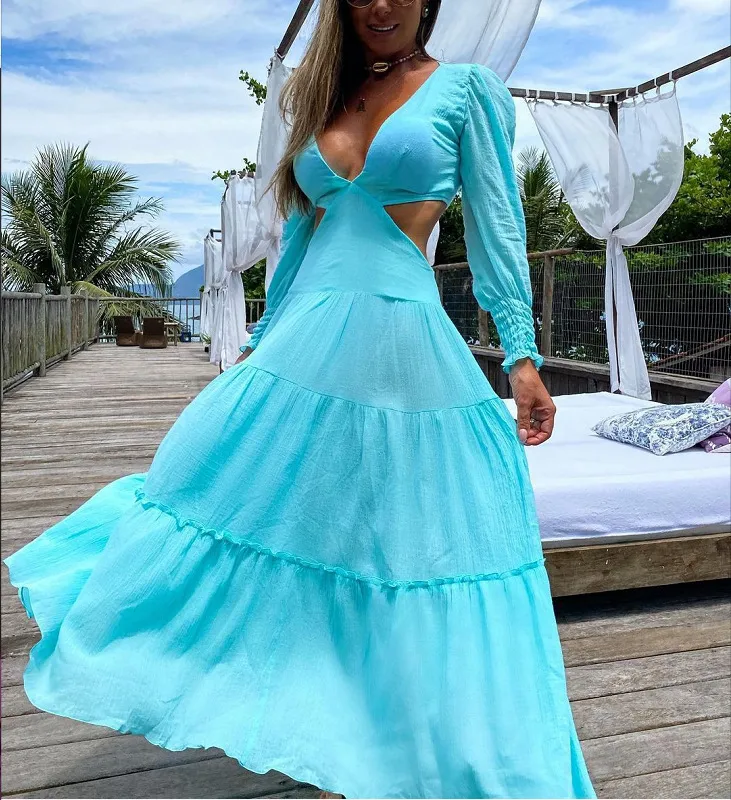 Vrouwen jurk lange mouwen V-hals uitgehold sexy strandjurken plus size vintage zomer 210513