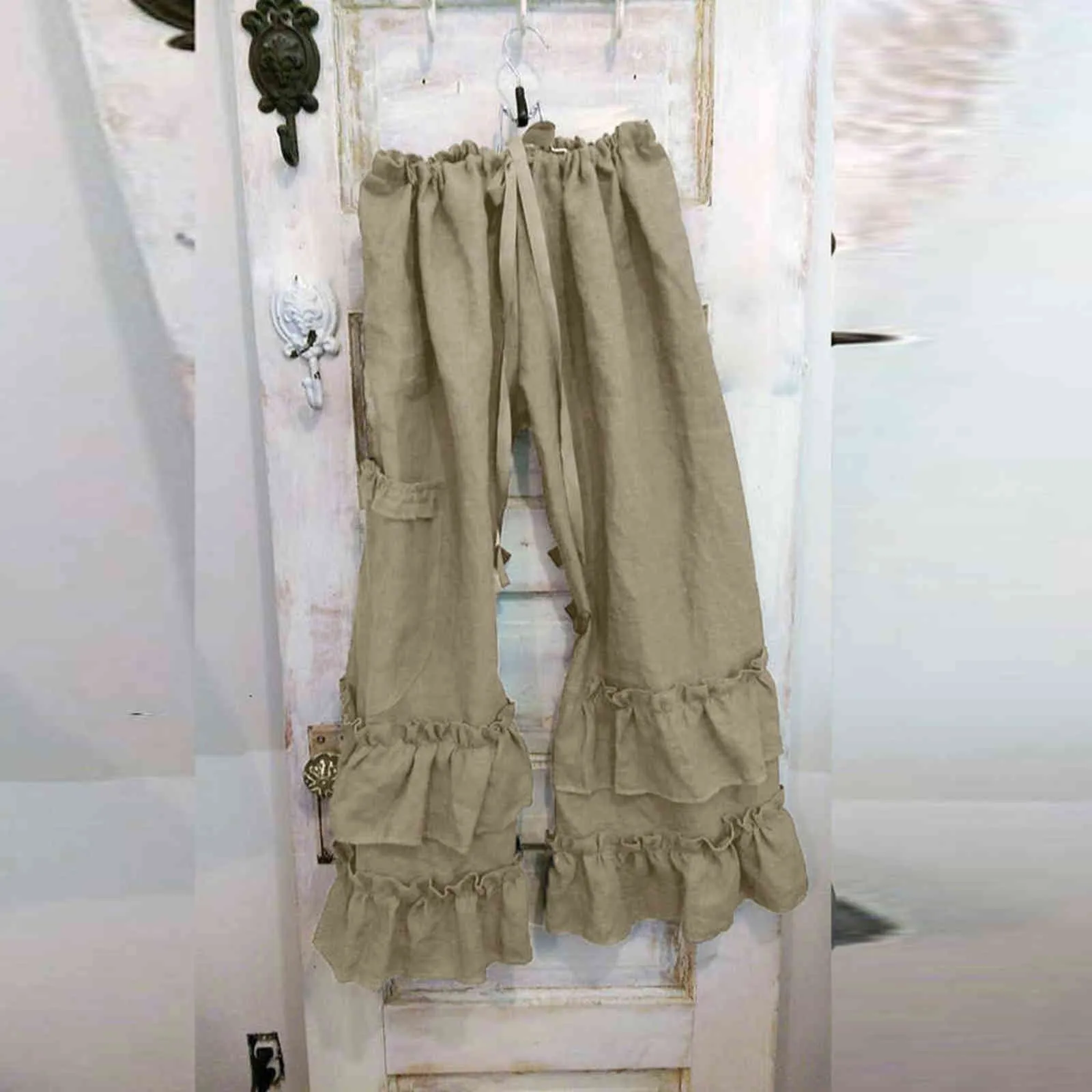 Jaycosin Pantalon Femmes Plus Taille Solide Coton Lin Plis Casual Volants Poche Lâche Pleine Longueur Poches À Cordon 211115