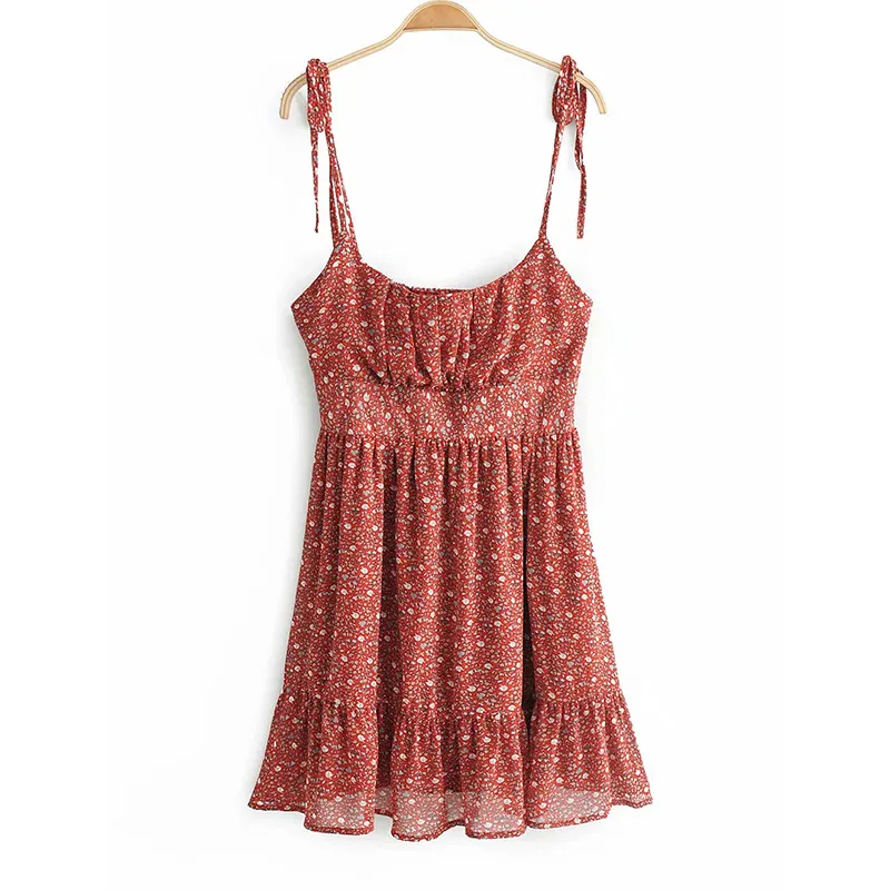Foridol Ruched Lace Up Red Summer Dress Vrouwelijke Spaghetti Strap Chiffon Beach Jurk Vintage Boho Floral Print Short Sundress 210415