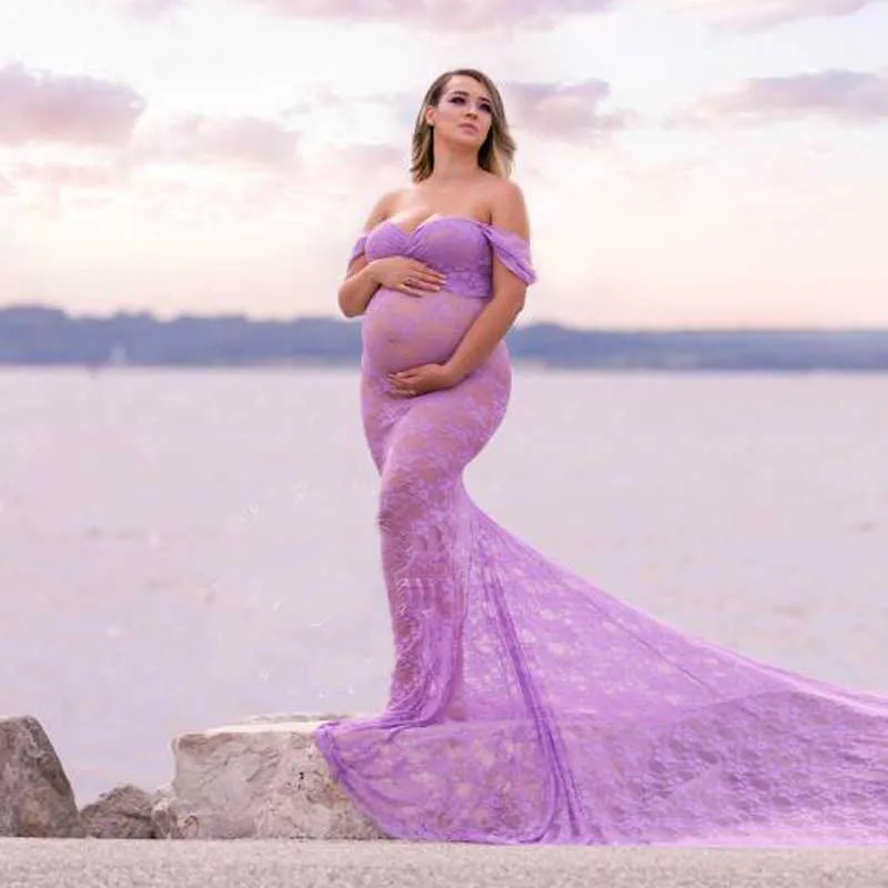 Elegante abito di maternità in pizzo Fotografia Abiti lunghi lunghi le donne incinte Abiti con volant Abito da gravidanza il servizio fotografico Q0713