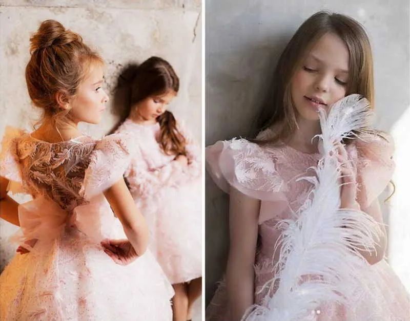 Detaljhandel fjäder barn klänningar för tjejer sommar prinsessa fluffig tulle klänning baby kläder 2-8y e9304 210610