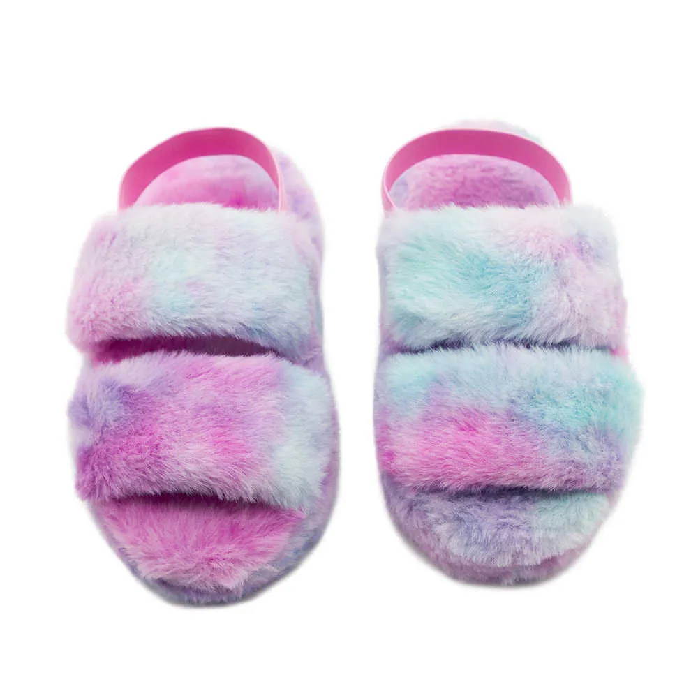 Plush Slippers Kids Winter Cross Band Furry Indoor Shoes Open Toe Fluffy House Slippers 211119