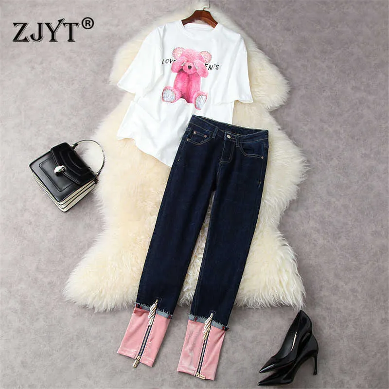 High Street Fashion Sommer Casual Zweiteilige Outfits Frauen Kurzarm Lose Cartoon T-shirt und Jeans Hosen Anzug Sets 210601