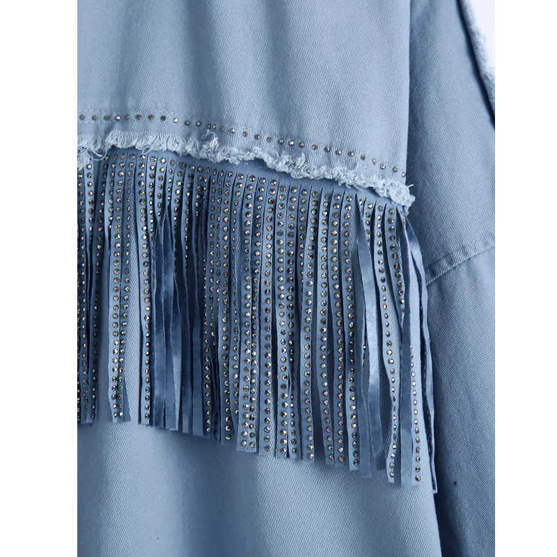 Za Vintage élégant Fringe perlé lâche Denim veste manteau femmes mode à manches longues effiloché garniture dames vêtements d'extérieur 210602