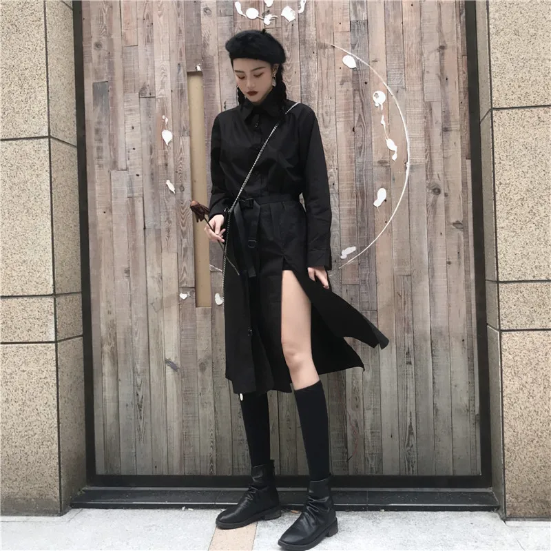 Women's Dress Korean Ins Harajuku Style Dark Split Long-legged Mid-length Personalized Shirt Female Bandage PL147 210506