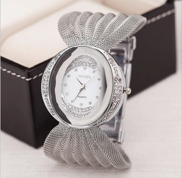 BAOHE Marca más nueva llegada Reloj de pulsera de lujo para mujer Dial elíptico Reloj de pulsera de malla ancha Relojes de moda para mujer Relojes de pulsera 3272