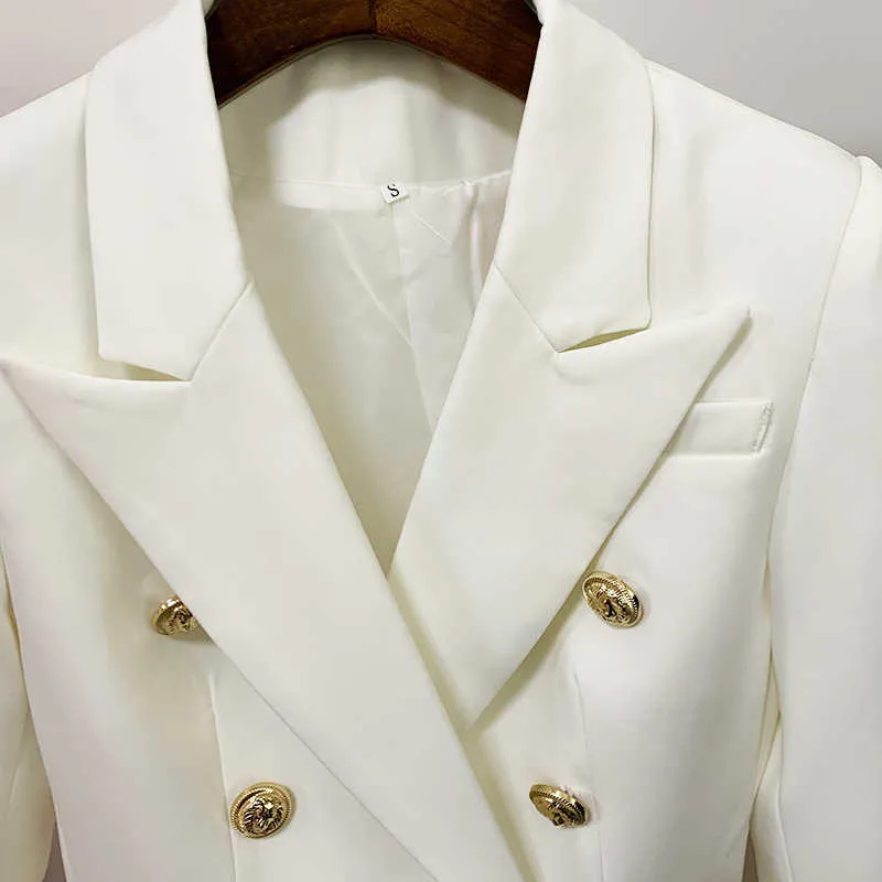 Blazer branco de alta qualidade feminino fino e elegante jaqueta feminina com botões de leão de metal duplo seios feminino 211019