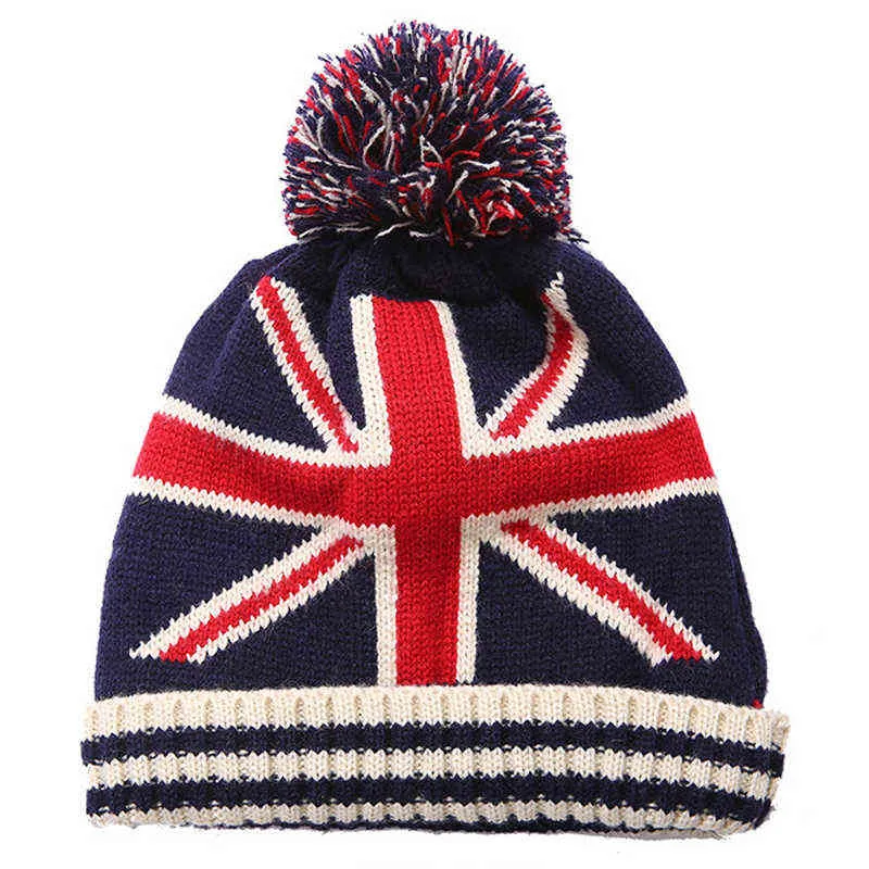 Men Winter Pom Poms ball Knitted Cap For Women Unisex Casual British and American national flag hats Skullies Beanie hat Gorros Y21111