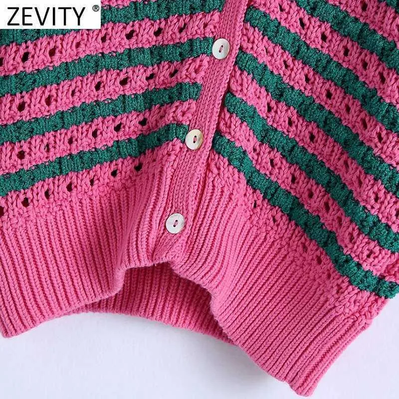Zevity Women Fashion V Neck Färg Matchande Striped Print Hollow Out Crochet Stickad Sweater Kvinna Chic Cardigans Tops SW801 211011