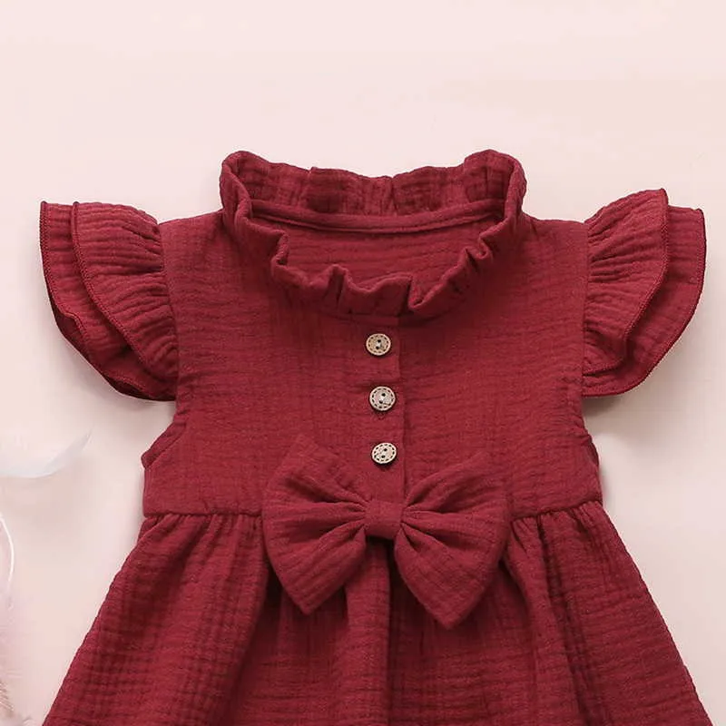 Hurtownie Summer Baby Girl Dress Bawełna Solid Colors Bow Flare Rękawy1st Urodziny Dzieci Ubrania E185 210610