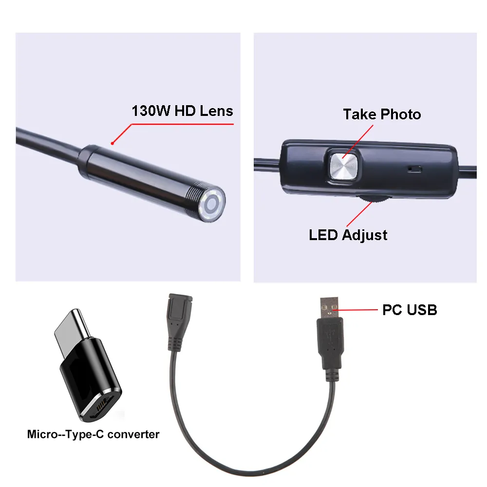 Mini Endoscope Camera Endoscope étanche Endoscope Borescope Réglable fil Soft 6 LEDS 7mm Android Typec USB INSPECTION CAMEA pour Car315250628