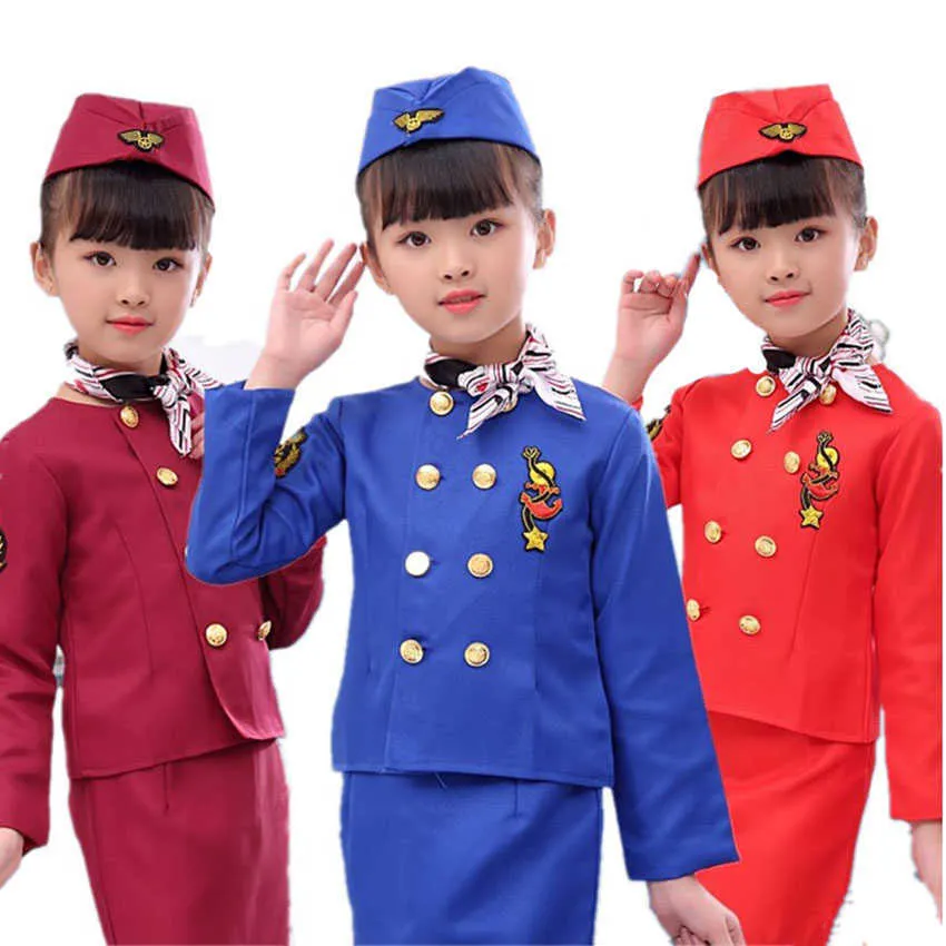 2021 Halloween Karneval Party Pilot Cosplay Kostüme für Kinder Jungen Geburtstagsgeschenk Mädchen Flugbegleiter Kleid Militäruniform Q0910