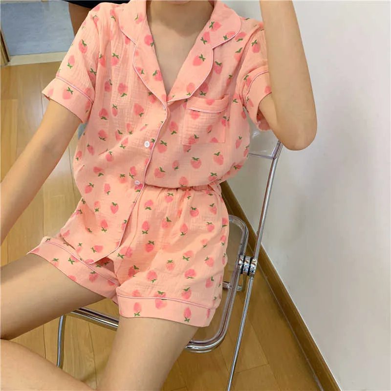 Pijamas de algodão torres de duas peças plus tamanho impresso frutas verão mulheres macias sleepwear femme casa chique sets soltos 210525